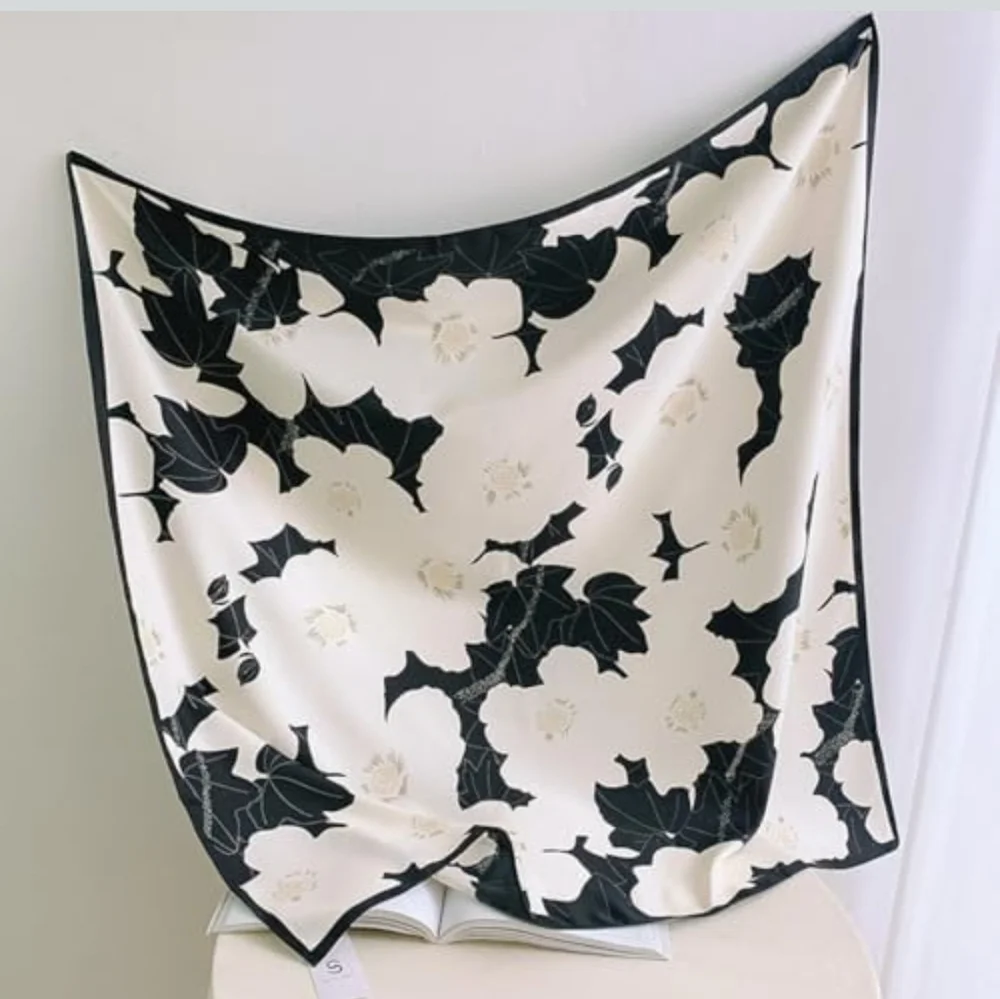 NWT Luxury Monochrome Floral Silky Square Scarf Black & White Botanical Wrap 35" - Picture 5 of 8